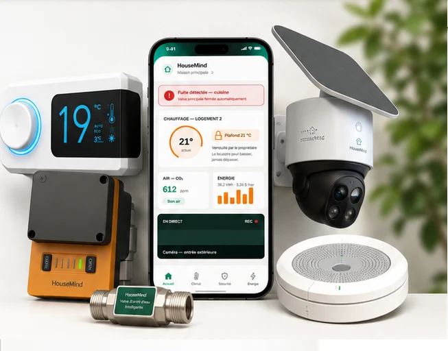 Thermostat, application mobile, valve d’eau, détecteur de fumée et caméra HouseMind